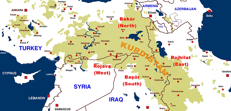 Mapa de Kurdistán.